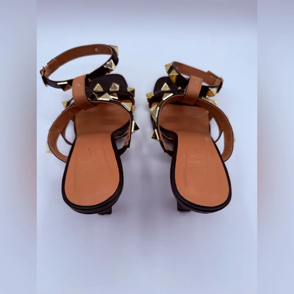 Nicole Miller NY Gold Studded Black Heeled Sandals – Ankle Strap Fashion Heels - Picture 13 of 16